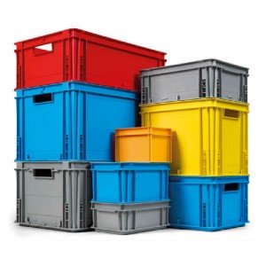 stacked plastic storage bins